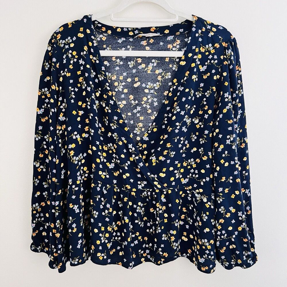Loft Navy Blue & Yellow Floral Chiffon V Neck Flowy Blouse ~ Size Large